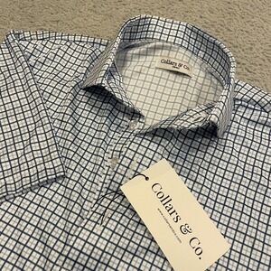 NWT Collars And Co Polo Shirt Men Small White Blue Check Tattersall Dress Collar